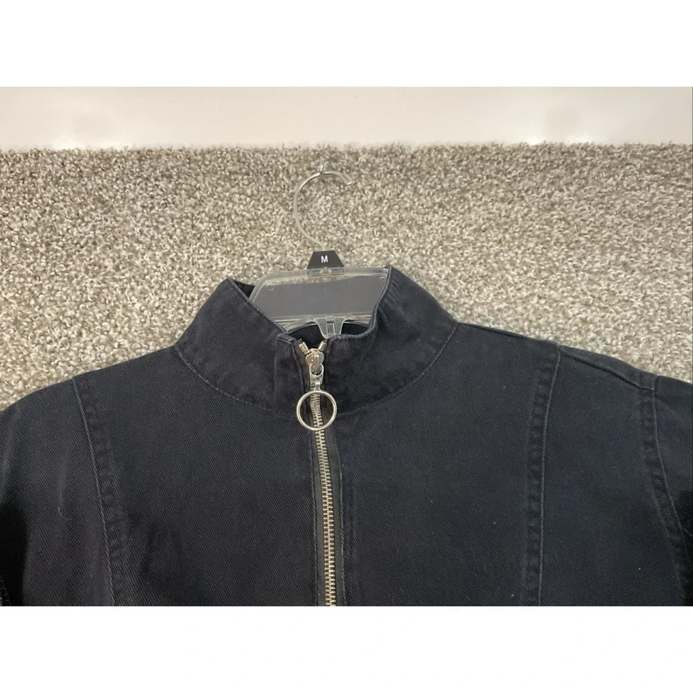Haute Monde Acid Wash Denim Bomber Jacket Black Zip Front Mock Neck